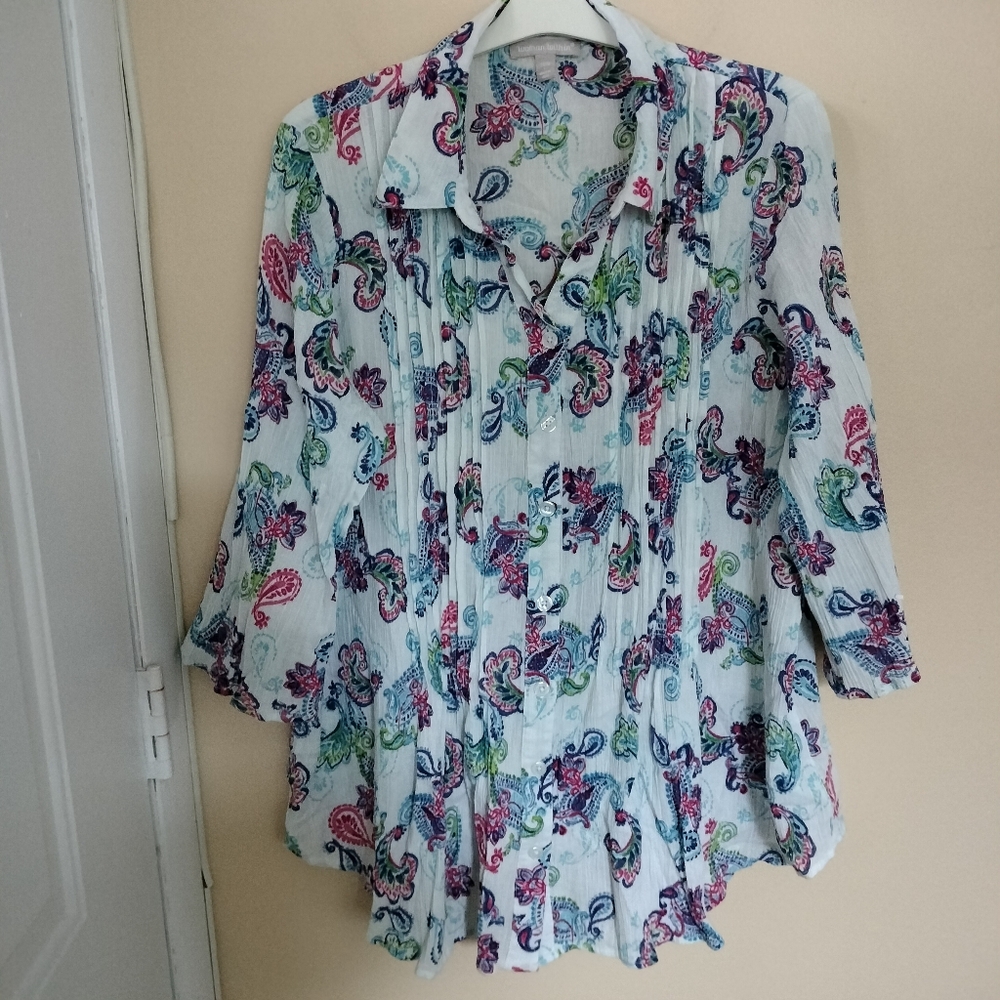 Women Within 18/20 Pintucked Button Up Cotton Gauze Paisley Shirt Vacation